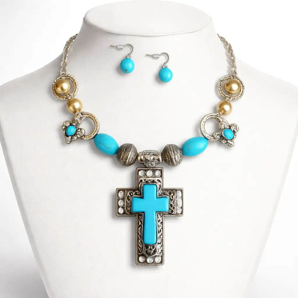 CROSS W GOLD EARRING & NECKLACE SET