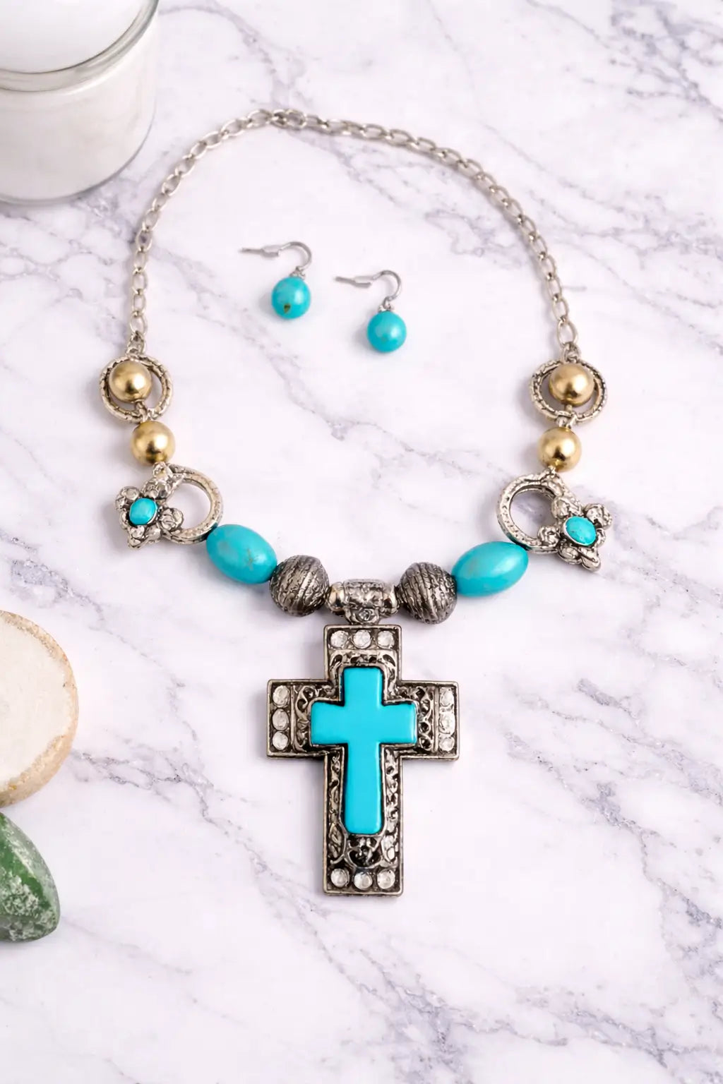 CROSS W GOLD EARRING & NECKLACE SET