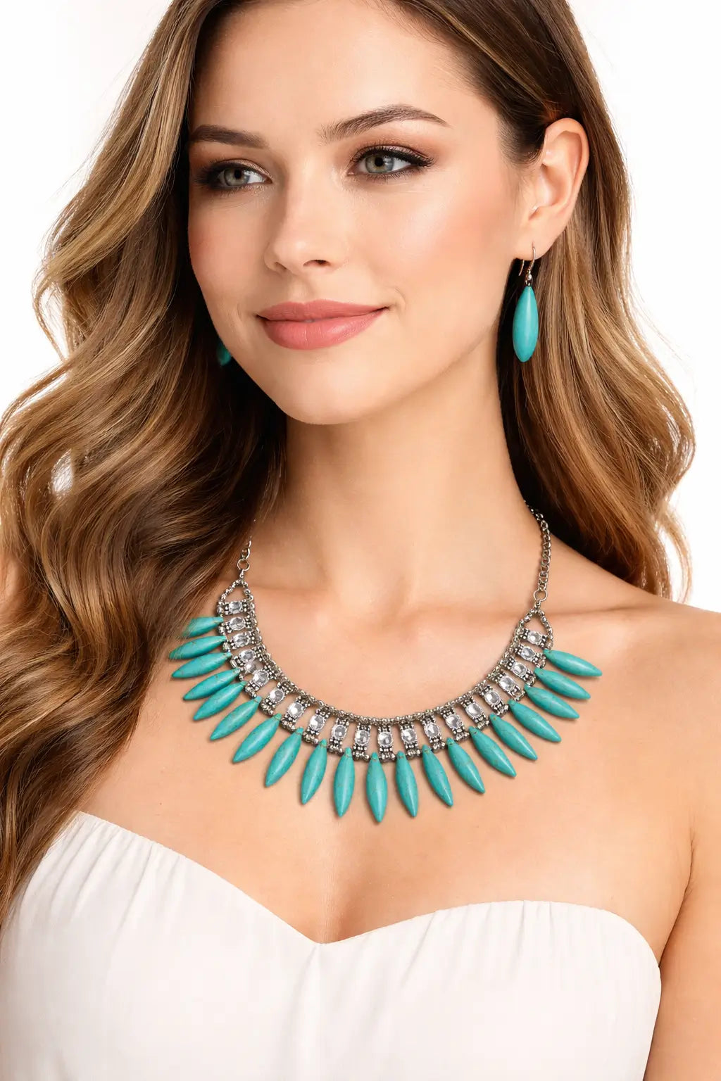 TURQ BEADED With DIAMOND NECKLACE SET