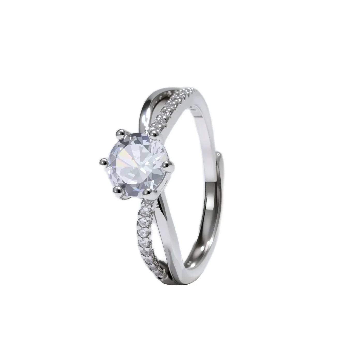 Classic 4-Prong Solitaire Ring with Micro-Pavé Accent Stones & Crisscross Band - 925 Silver Plated White Gold Engagement Promise